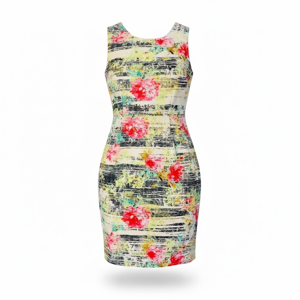 Floral Abstract Midi Sheath Dress Sz Small Multicolor Zip Back Wedding guest